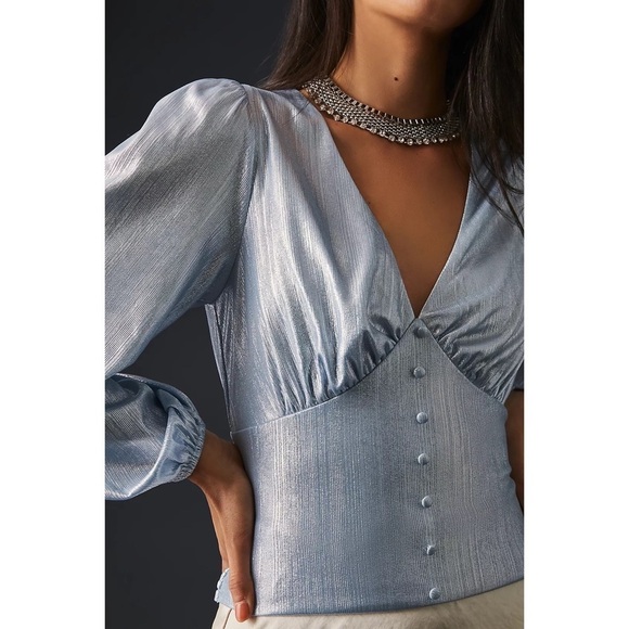 ANTHROPOLOGIE Shine Smocked V-neck Blouse Top Blue Size M NWT - Picture 7 of 9